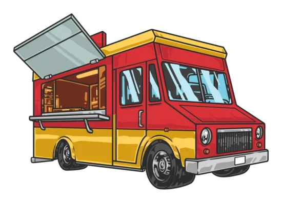 Red and yellow food truck with open service window, ideal for mobile food distribution, catering services, and wholesale food delivery operations.