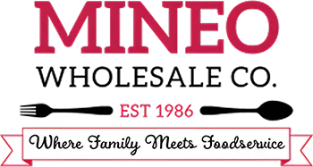 Mineo foodservice family logo with red wordmark and slogan banner, established 1986.