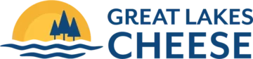 Great Lakes Cheese logo with sun, trees, and waves in blue and gold design.