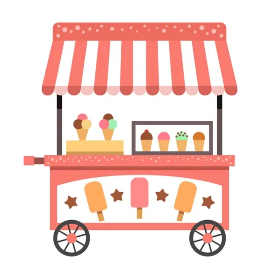A wheeled ice cream cart with striped awning displaying frozen desserts for food service vendors and wholesale food distribution operations.
