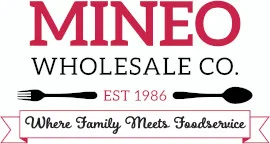 Mineo Wholesale Co. logo in red, black, and white with utensils and family tagline.