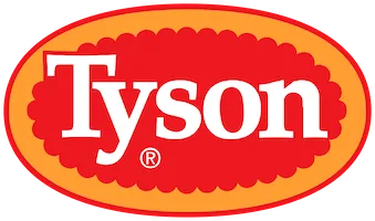 Tyson logo with red oval badge and white serif lettering on yellow border.